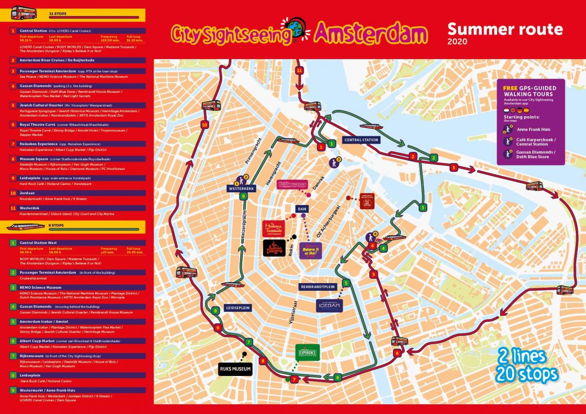 Amsterdam-hop-hop-off kanały na mapie łodzi