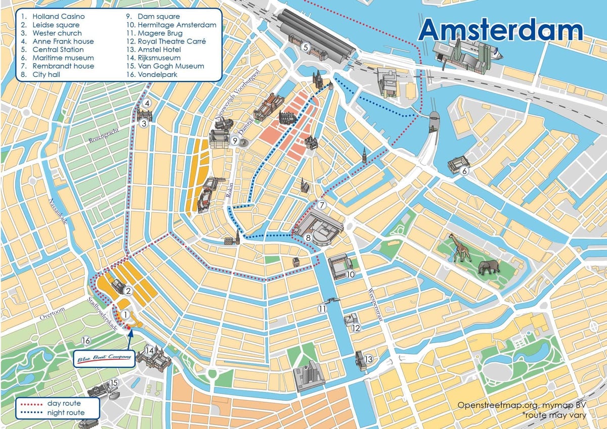 mapa Amsterdamu trasę po kanałach w łodzi
