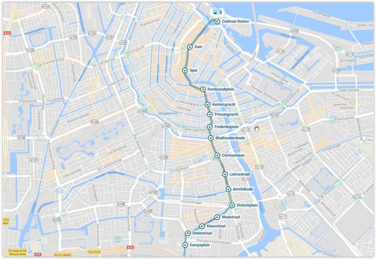 Amsterdam tramwaj 4 trasy na mapie