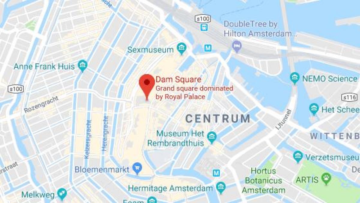 mapa placu dam w Amsterdamie 