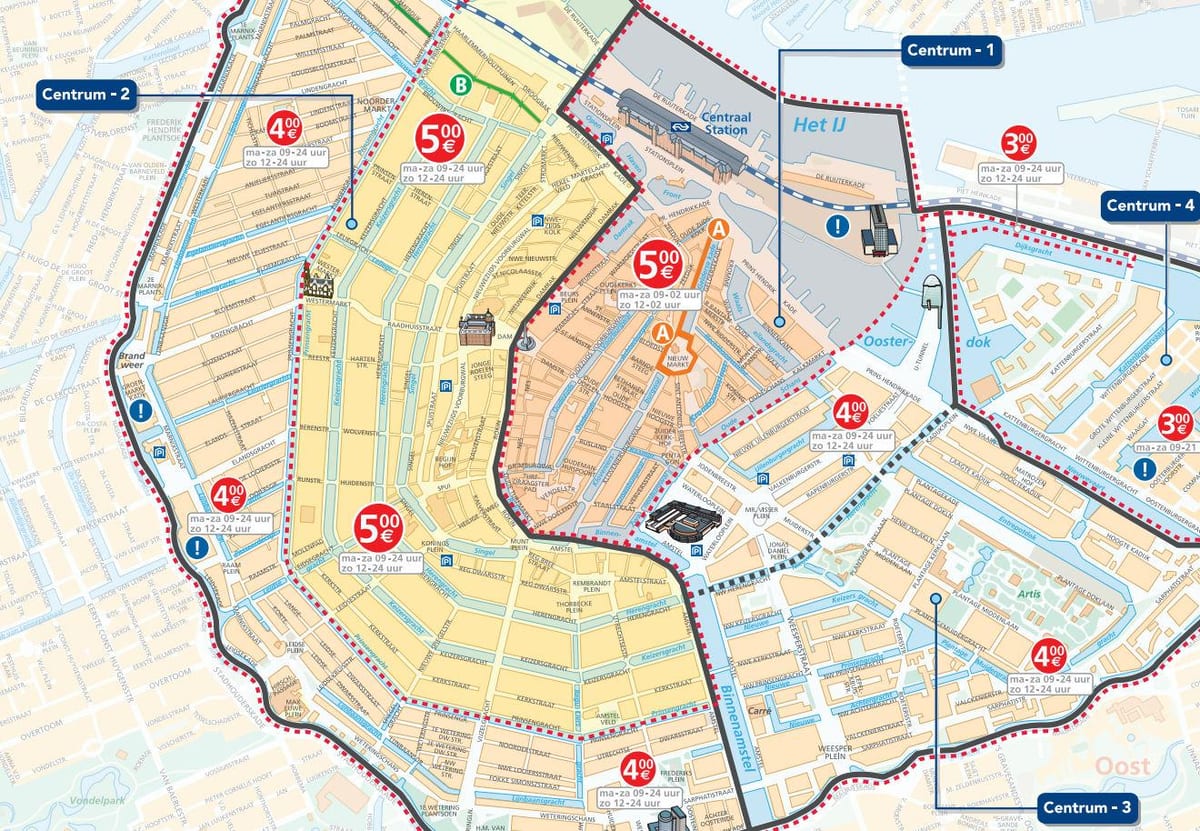 Amsterdam parkingowych wejść na mapie